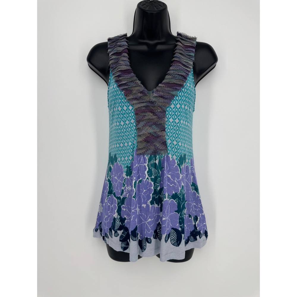 Anthropologie Deletta Mixed Print Ruffle V-Neck Tank Top Teal Purple Floral M